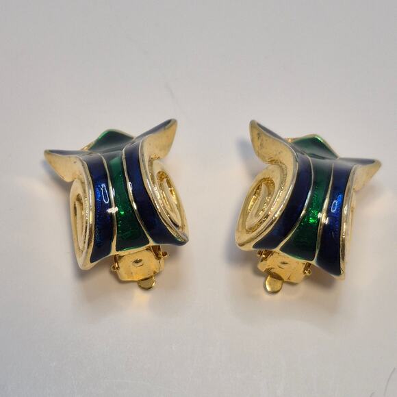 Vintage Emerald Green Royal Blue and Gold-tone Tulip Cloisonne Clip-on Earrings - Picture 4 of 11